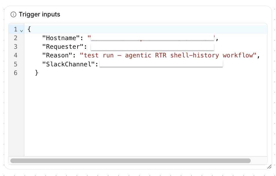 Tracecat trigger inputs panel showing the four fields: Hostname, Requester, Reason, and SlackChannel